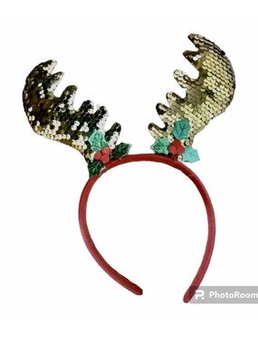 Christmas Reindeer Antler Headband Gold Sequin Holly Berry Holiday Costume